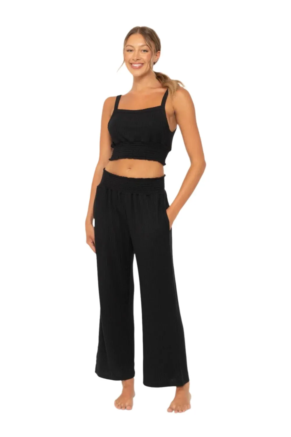 Mono B Soft Ribbed Smocked Crop Top KT5019