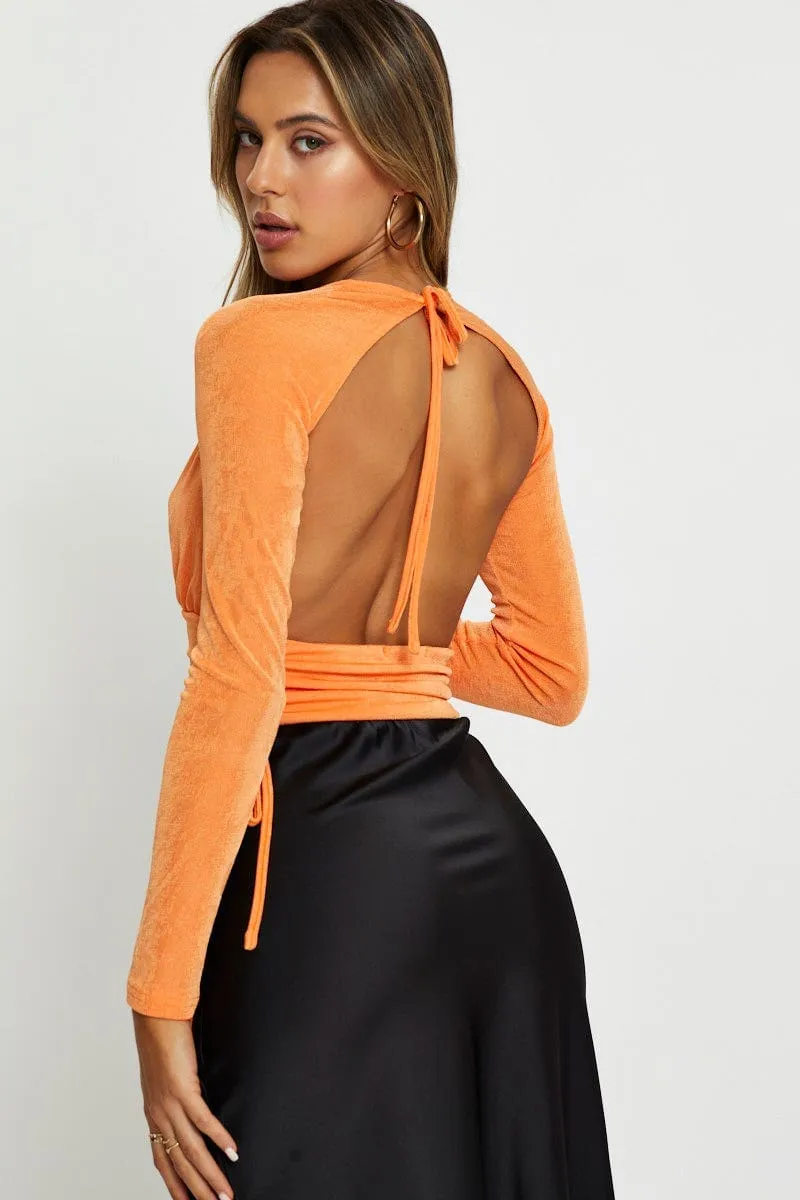 Orange Slinky Top Long Sleeve V Neck