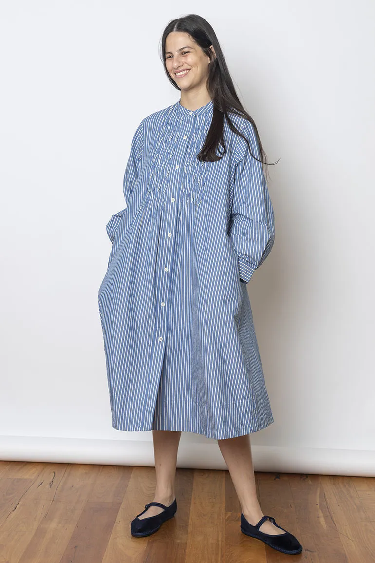 Pintuck Dash Stripe Cotton Dress - Chambray Blue