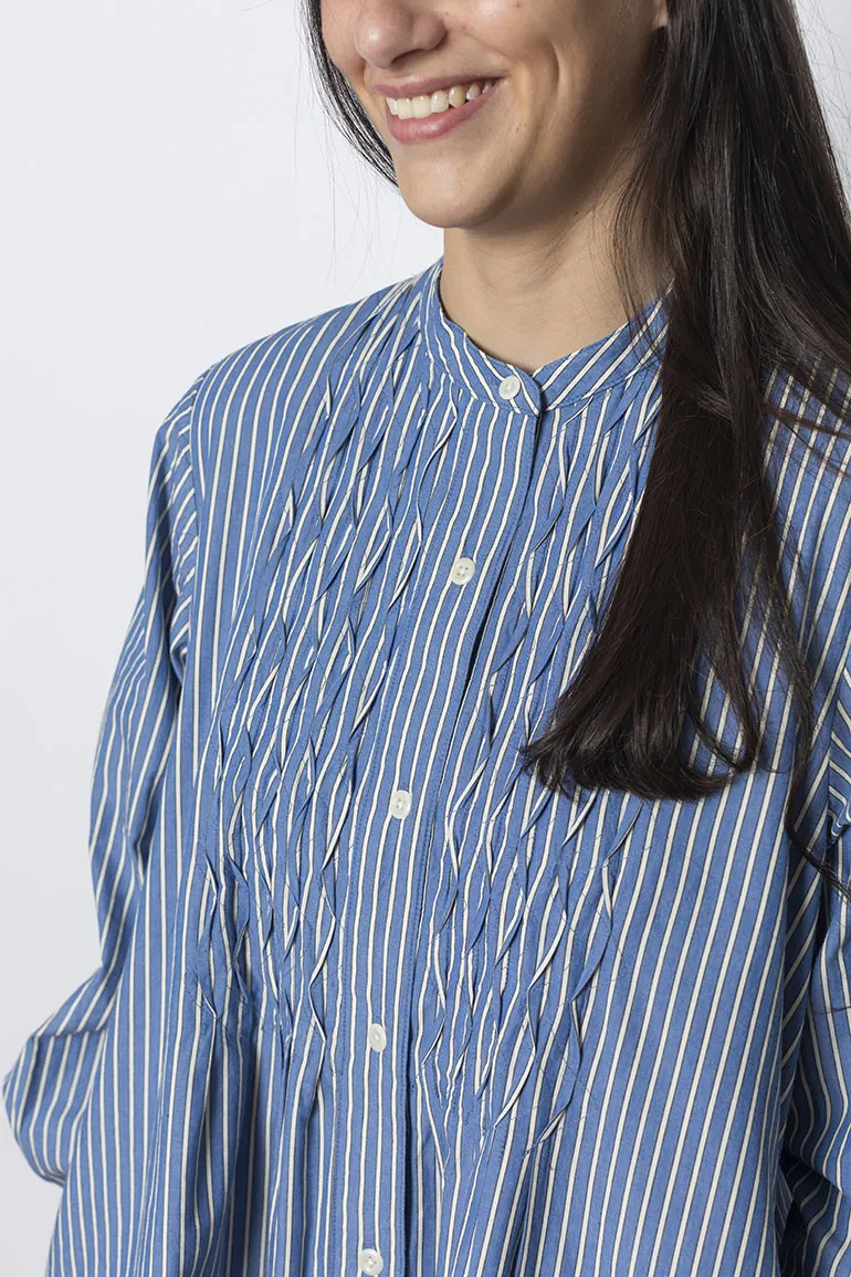 Pintuck Dash Stripe Cotton Dress - Chambray Blue