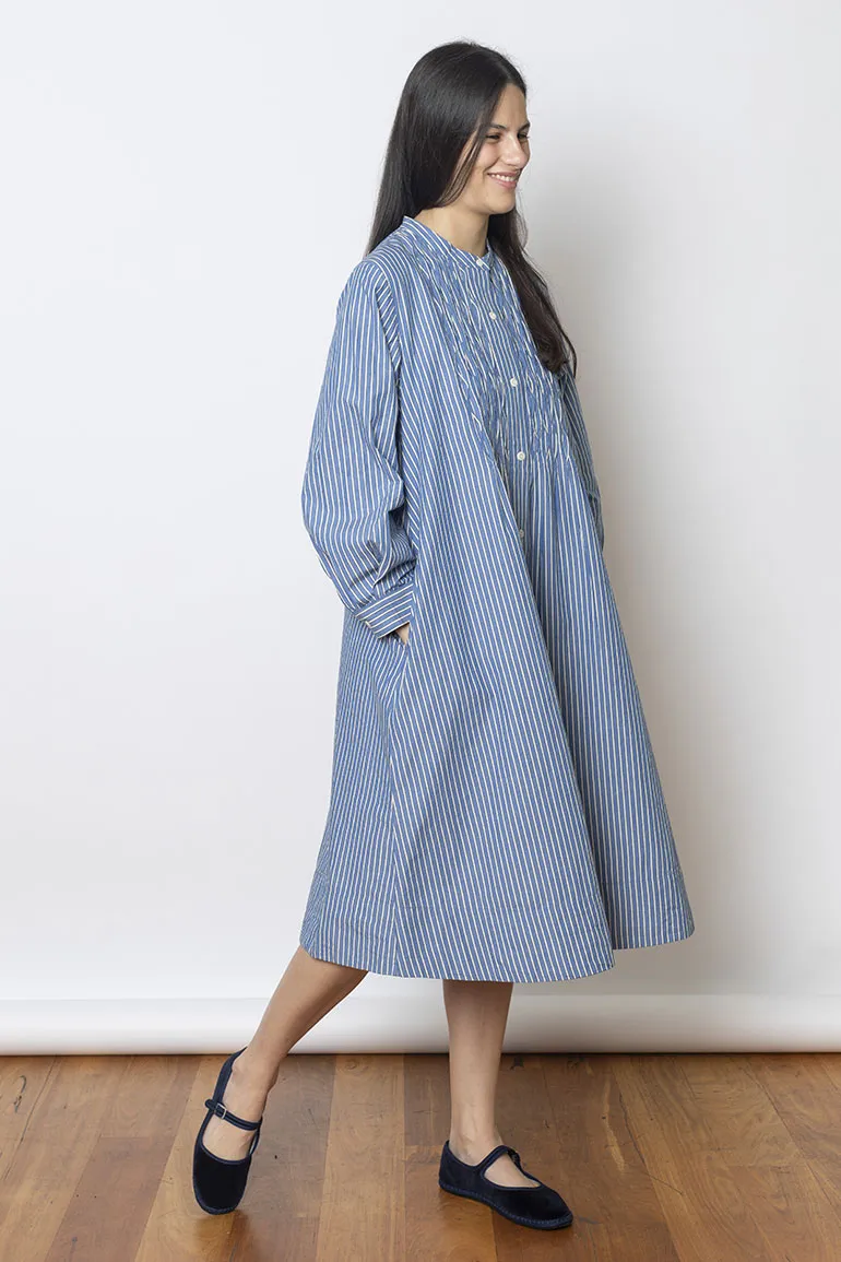 Pintuck Dash Stripe Cotton Dress - Chambray Blue