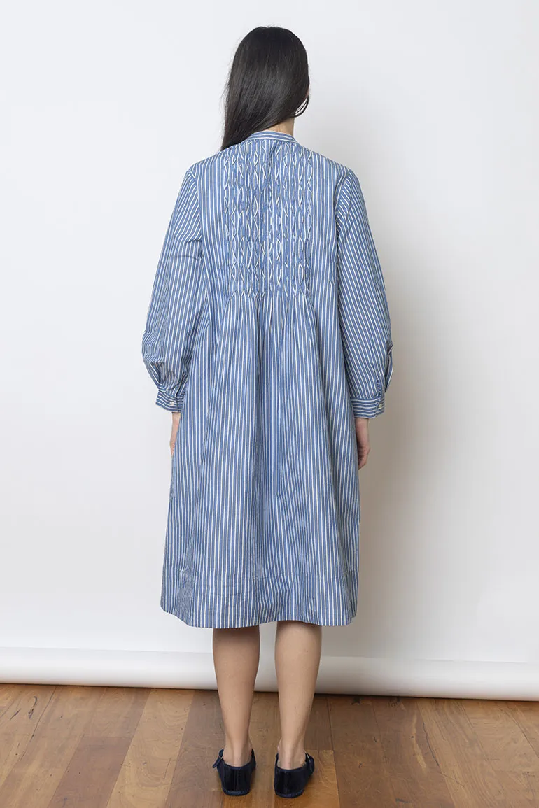 Pintuck Dash Stripe Cotton Dress - Chambray Blue
