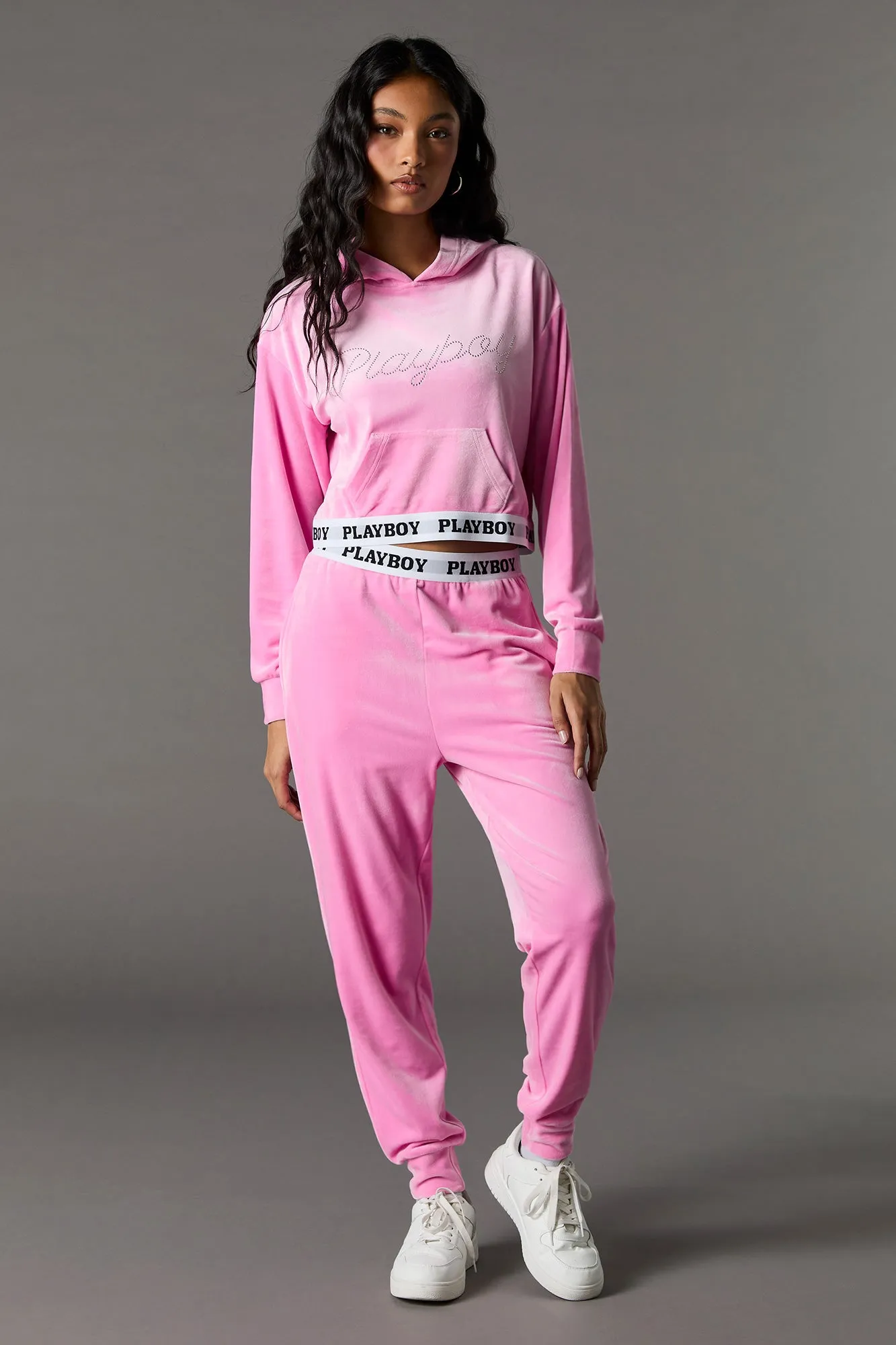 Playboy Rhinestone Velour Cropped Hoodie