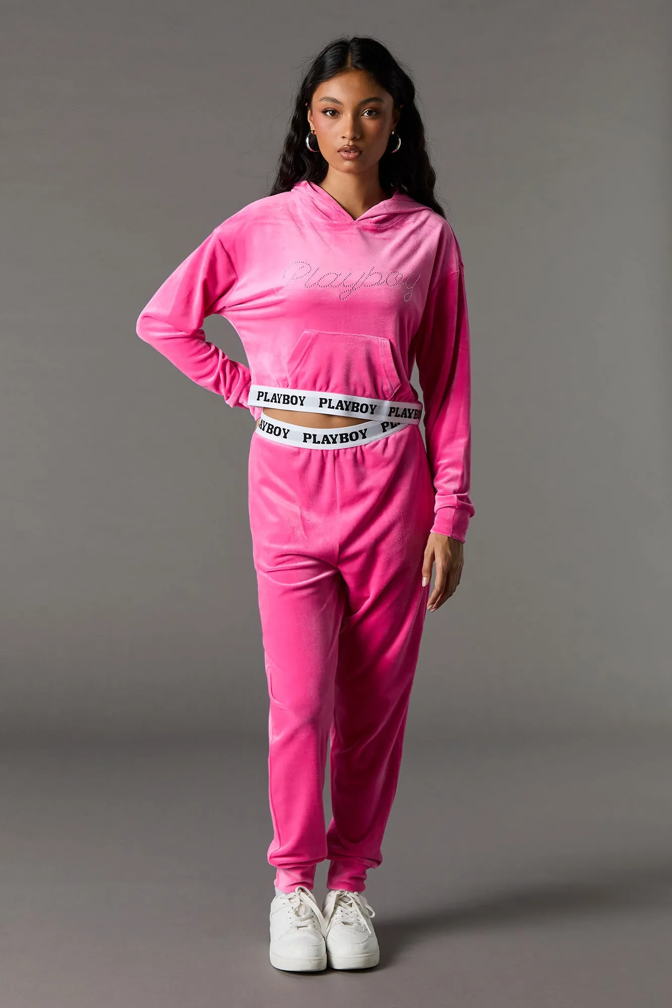 Playboy Rhinestone Velour Cropped Hoodie