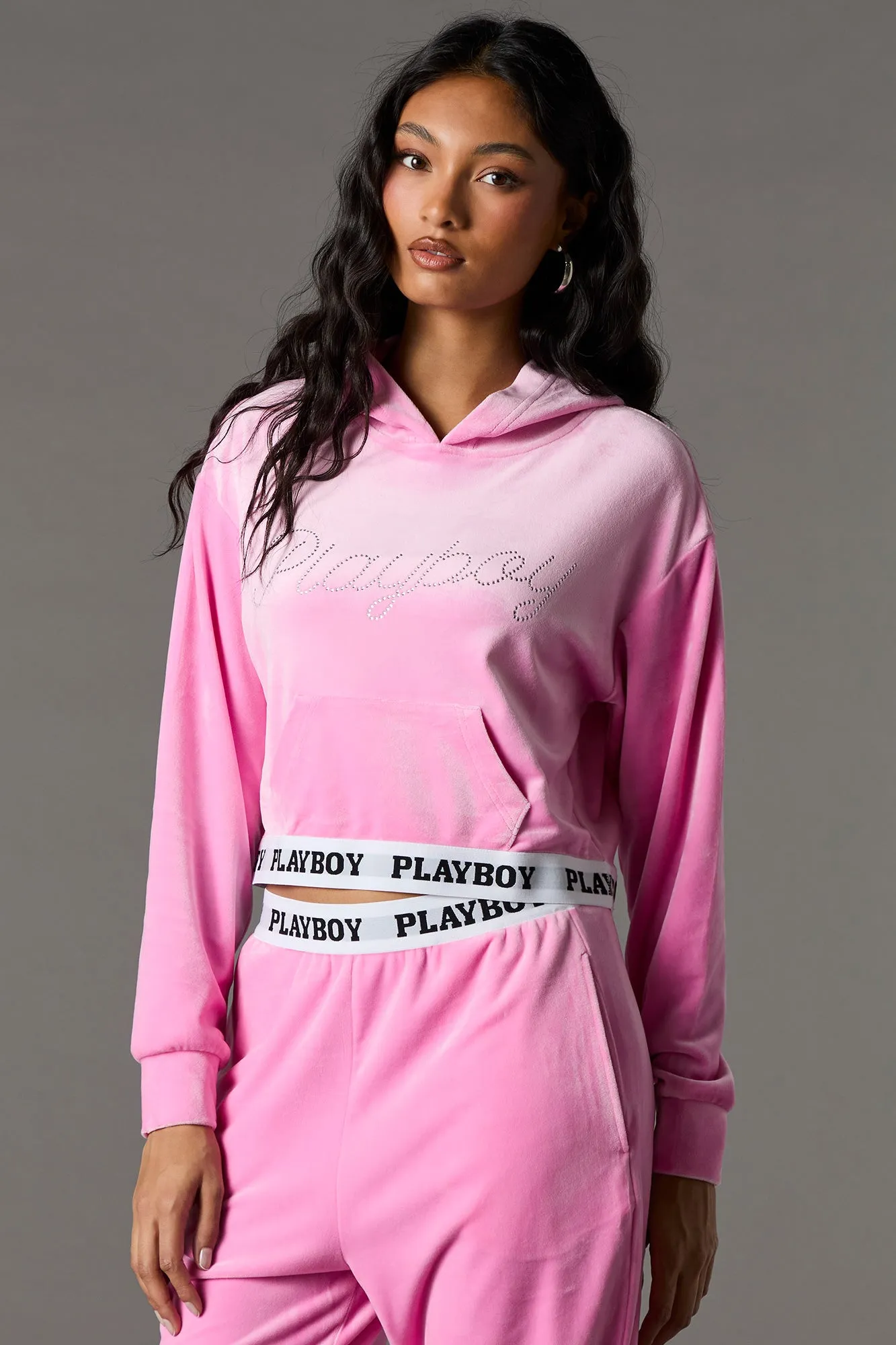 Playboy Rhinestone Velour Cropped Hoodie