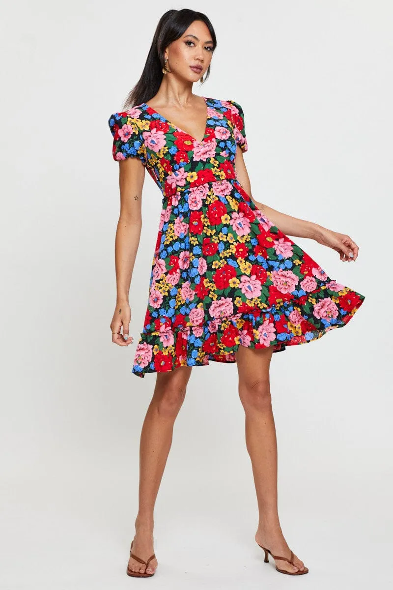 Print Fit And Flare Dress Short Sleeve V Neck