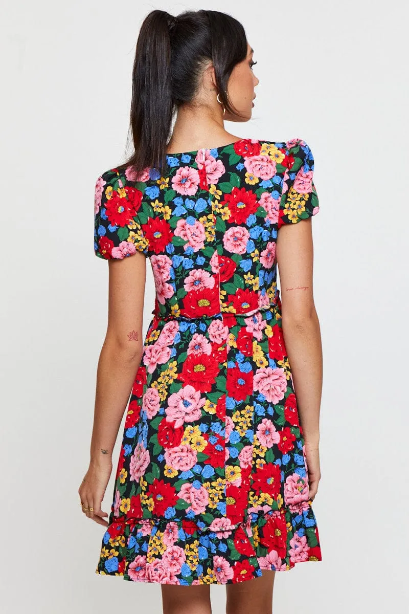 Print Fit And Flare Dress Short Sleeve V Neck