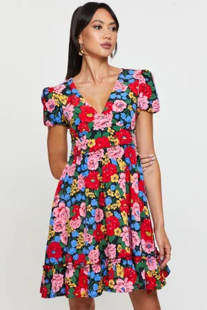 Print Fit And Flare Dress Short Sleeve V Neck