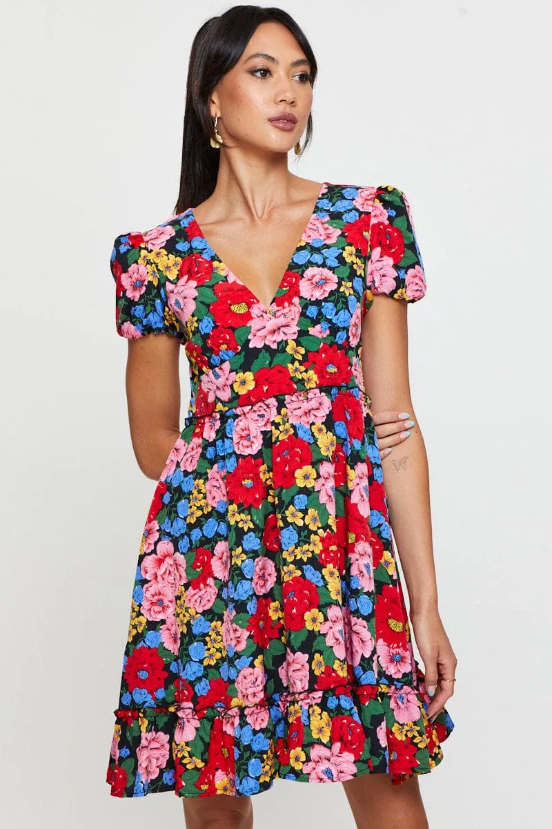 Print Fit And Flare Dress Short Sleeve V Neck