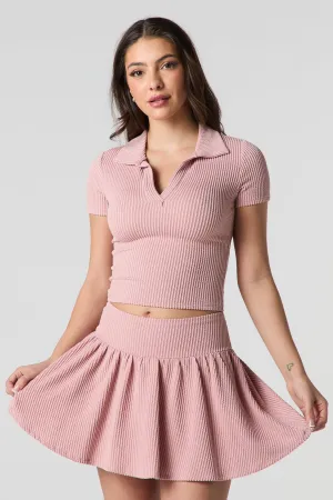 Ribbed Knit Collared Crop Top