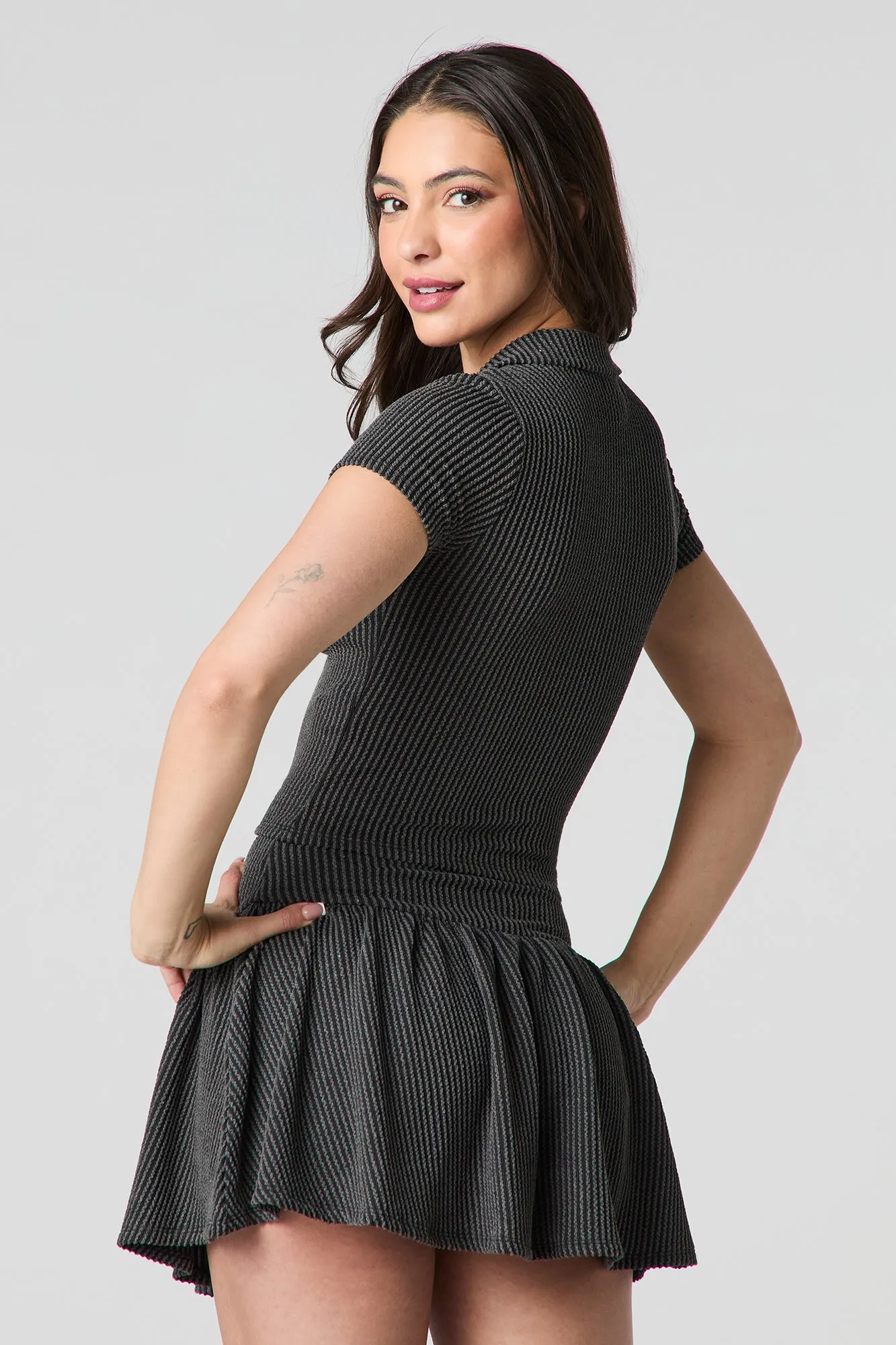 Ribbed Knit Collared Crop Top