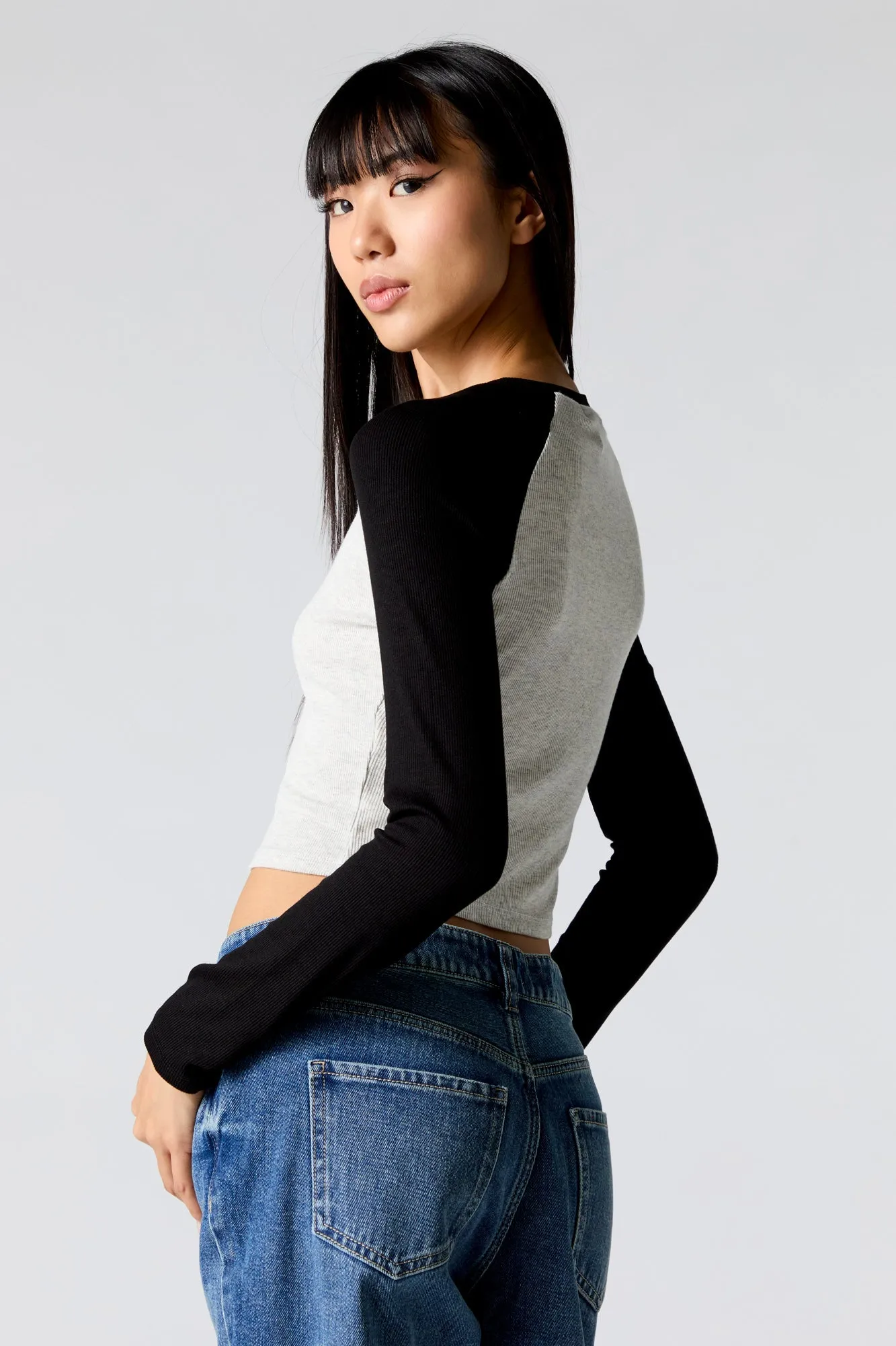 Ribbed Raglan Long Sleeve Crop Top