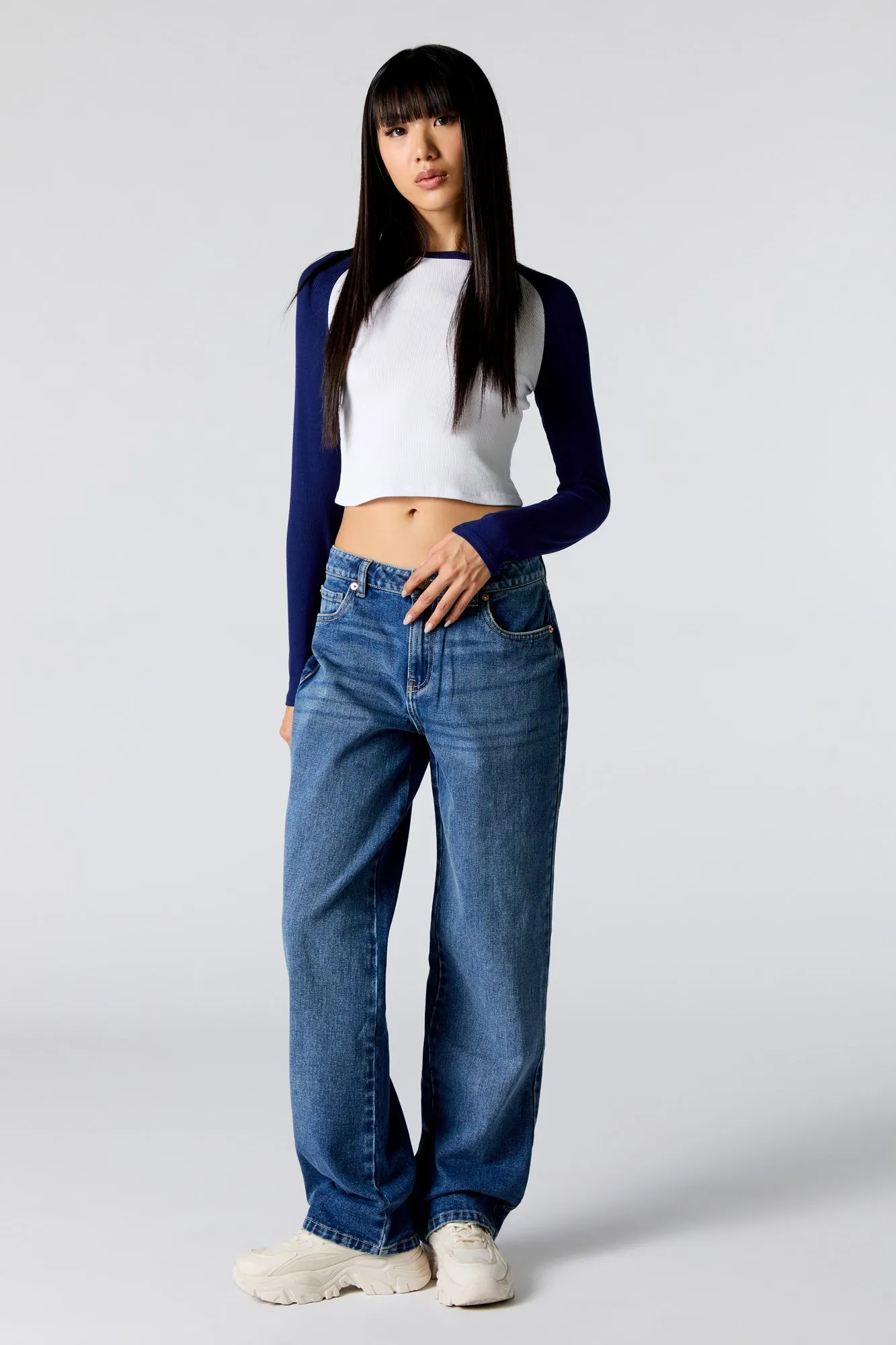 Ribbed Raglan Long Sleeve Crop Top