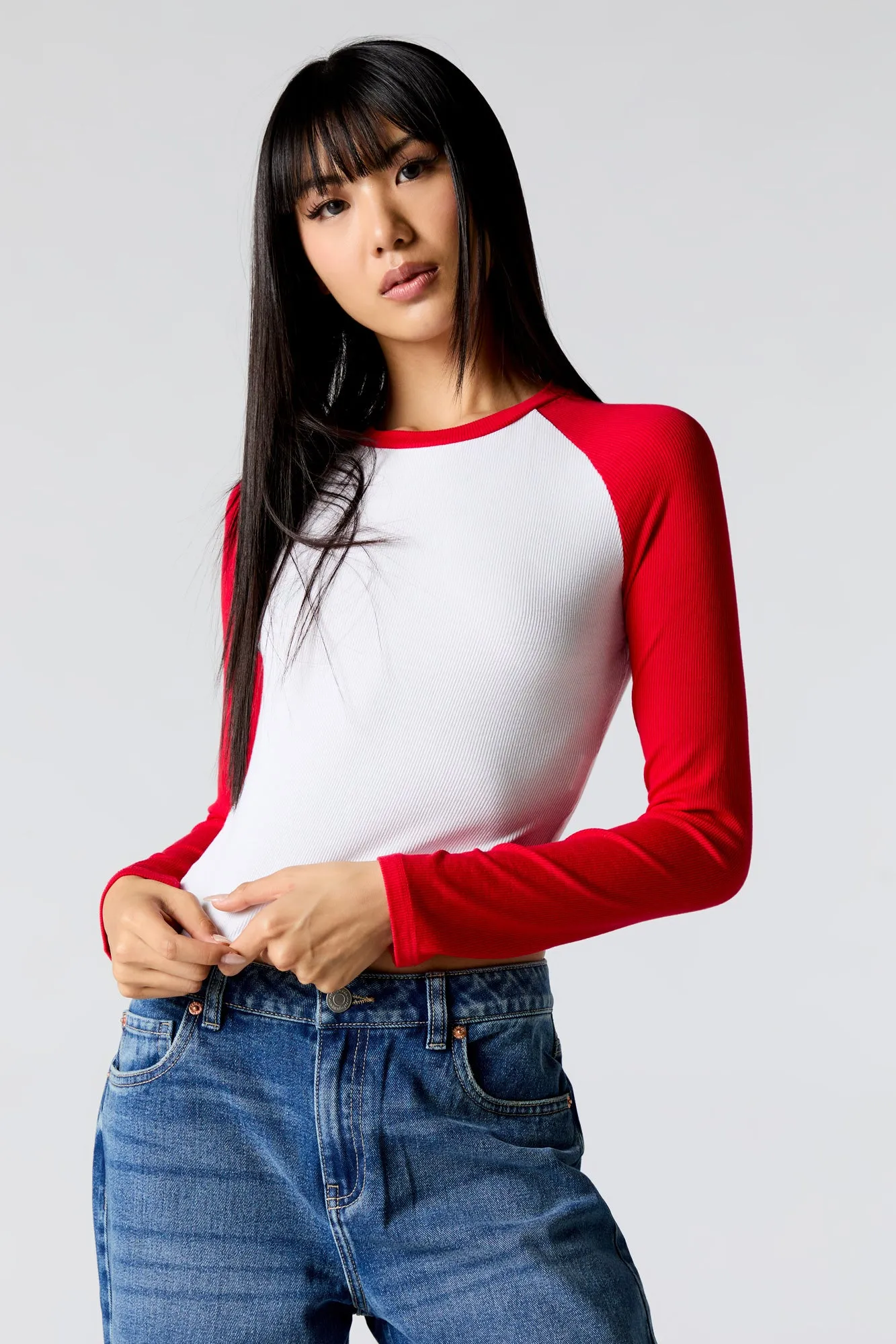 Ribbed Raglan Long Sleeve Crop Top