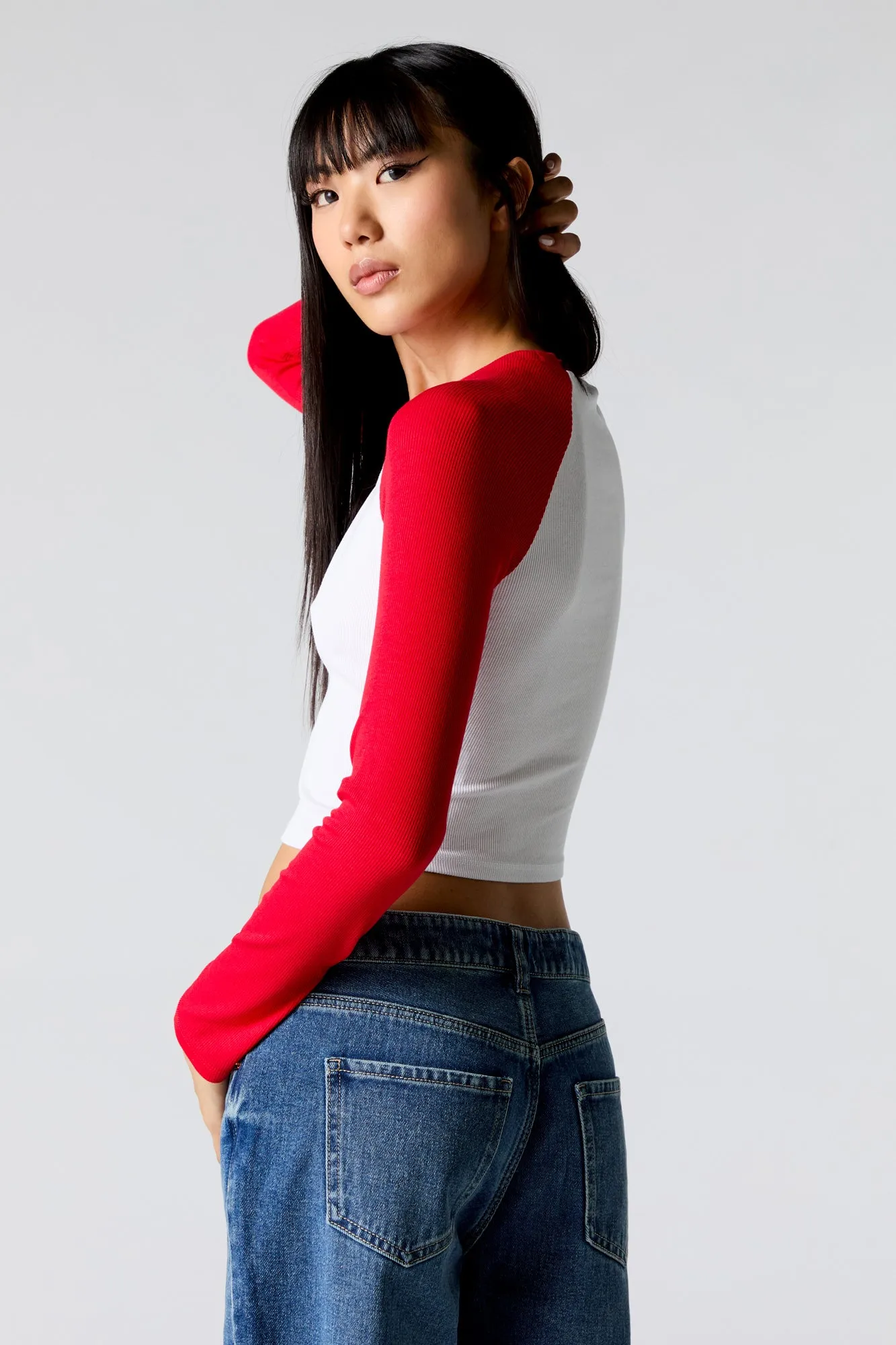 Ribbed Raglan Long Sleeve Crop Top