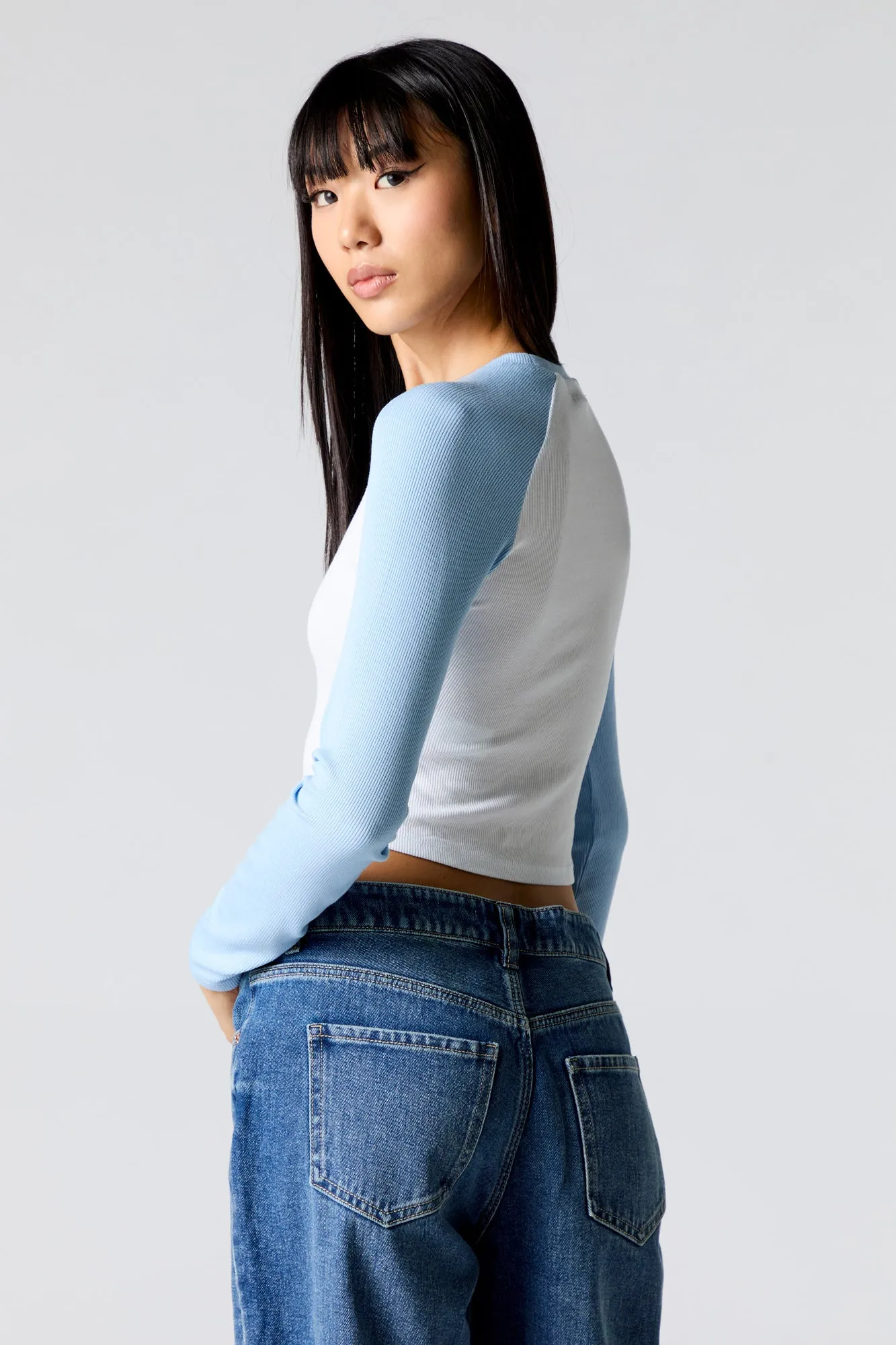 Ribbed Raglan Long Sleeve Crop Top