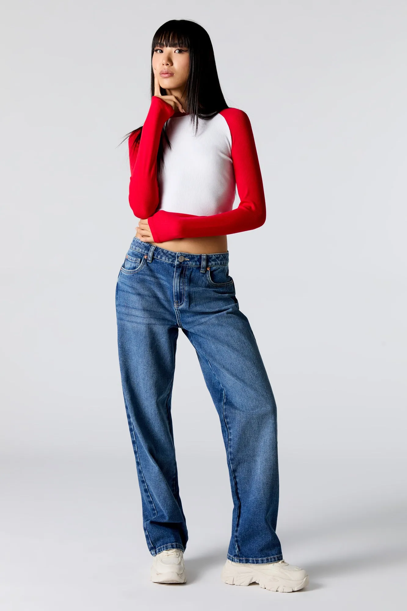 Ribbed Raglan Long Sleeve Crop Top