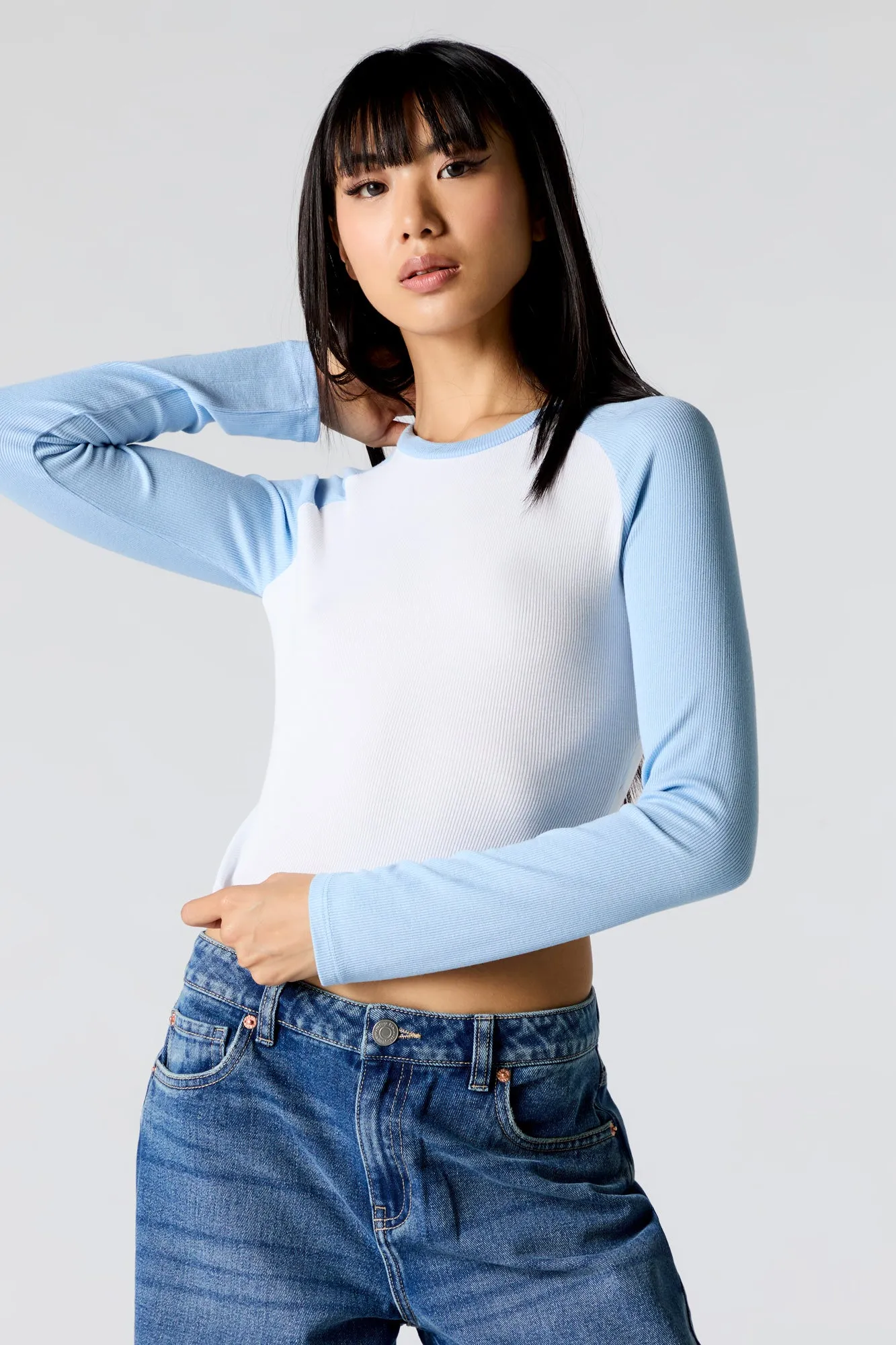 Ribbed Raglan Long Sleeve Crop Top