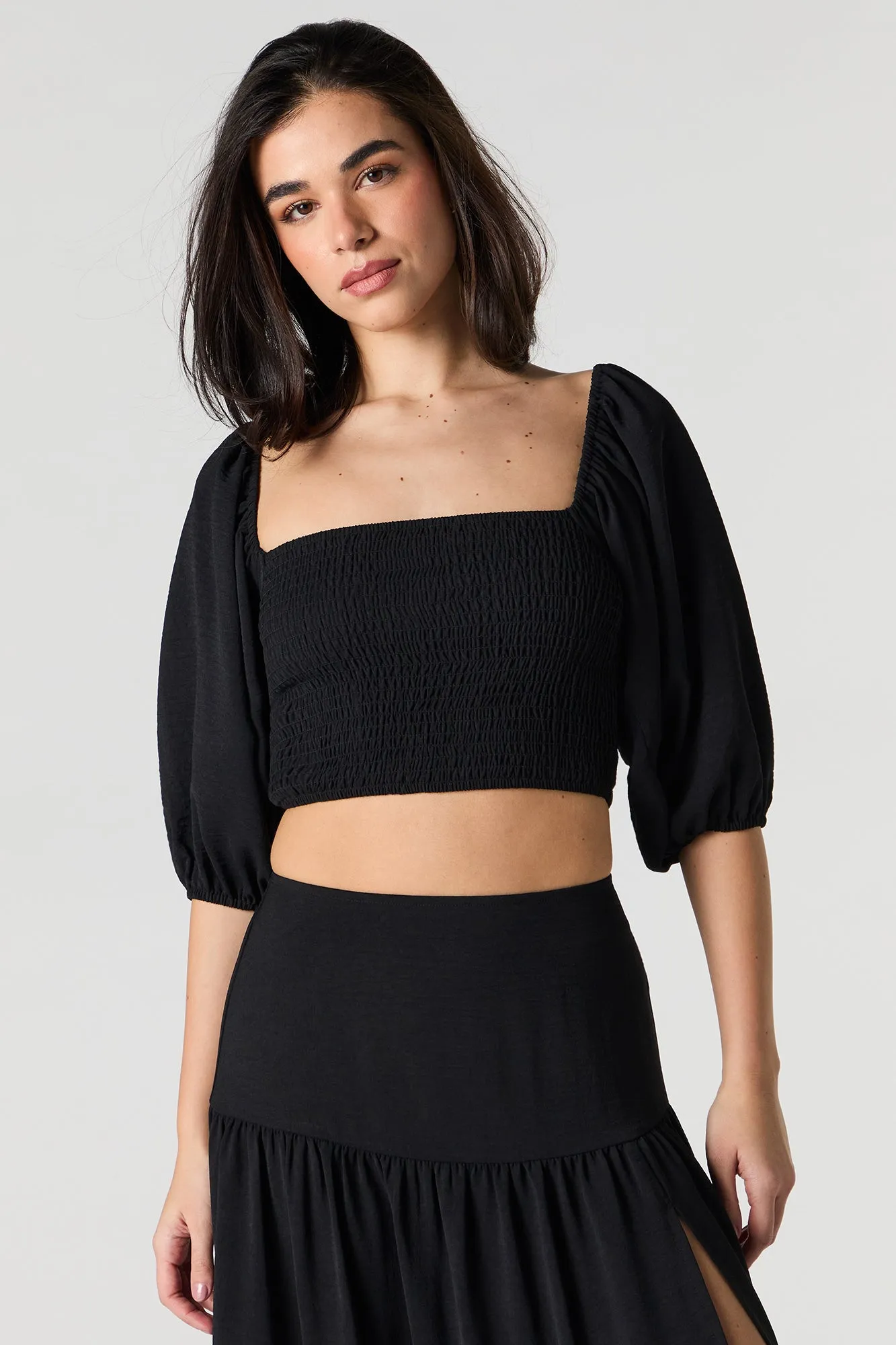 Smocked Puff Sleeve Crop Top