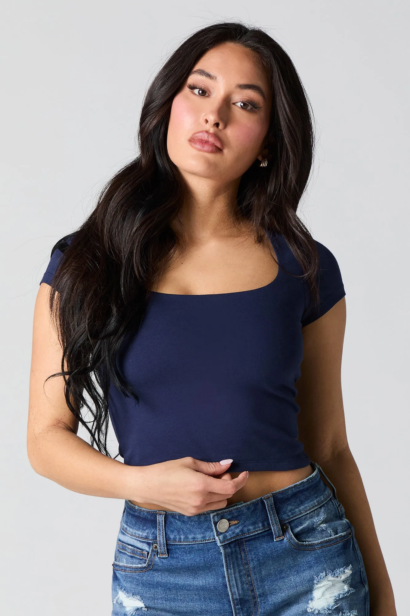 Square Neck Short Sleeve Crop Top