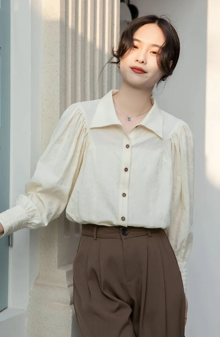 Textured Puff Sleeve Blouse (Cream)