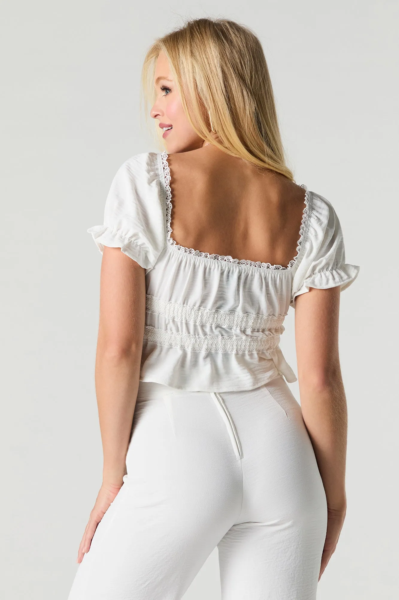 Tie Front Lace Trim Crop Top