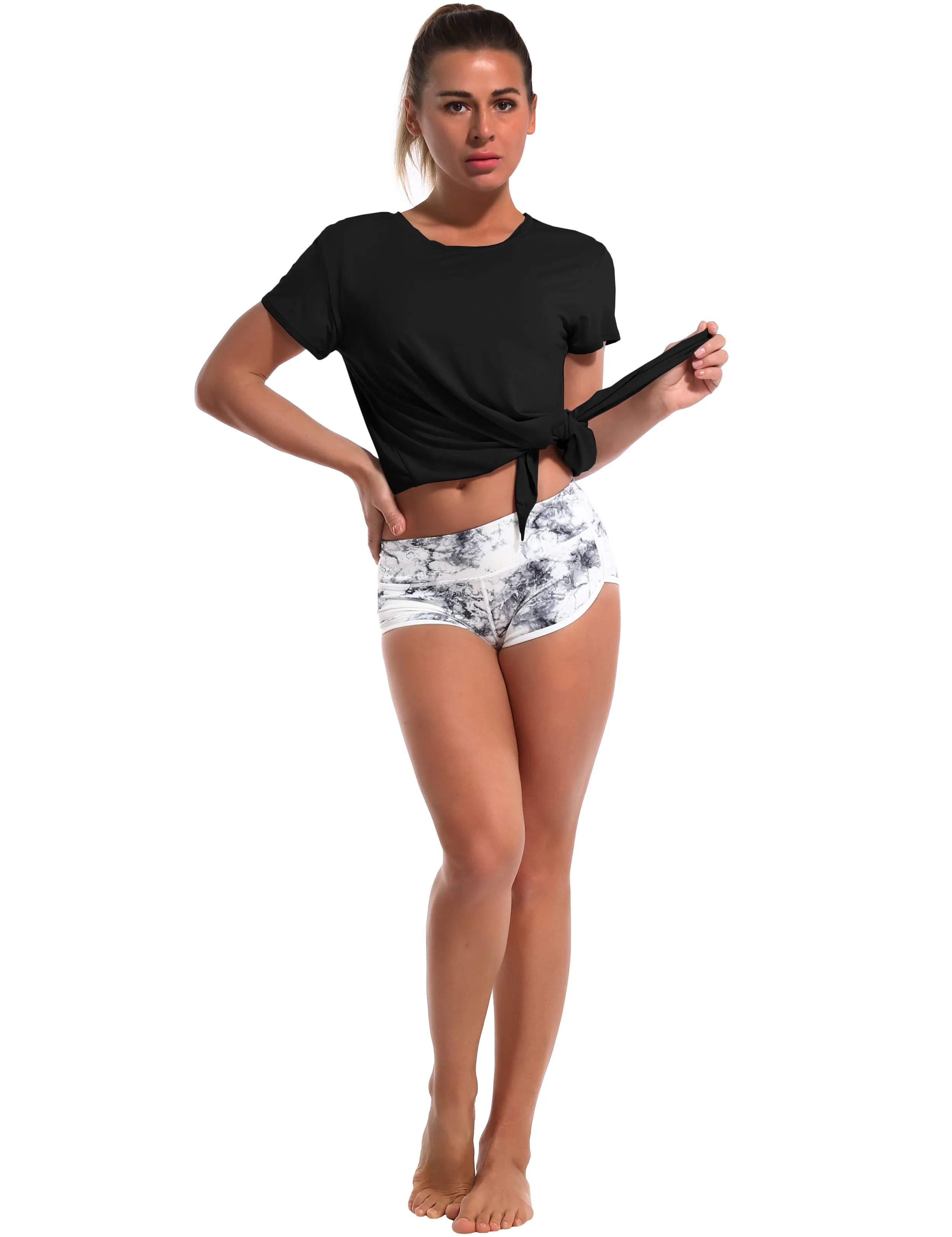 Tie Up Crop Top Short Sleeve T-Shirt black_Running