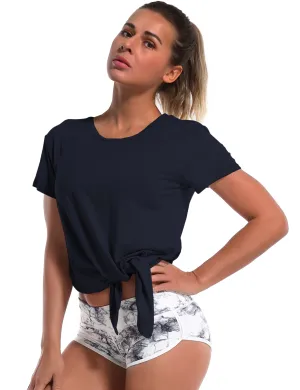 Tie Up Crop Top Short Sleeve T-Shirt darknavy_Pilates