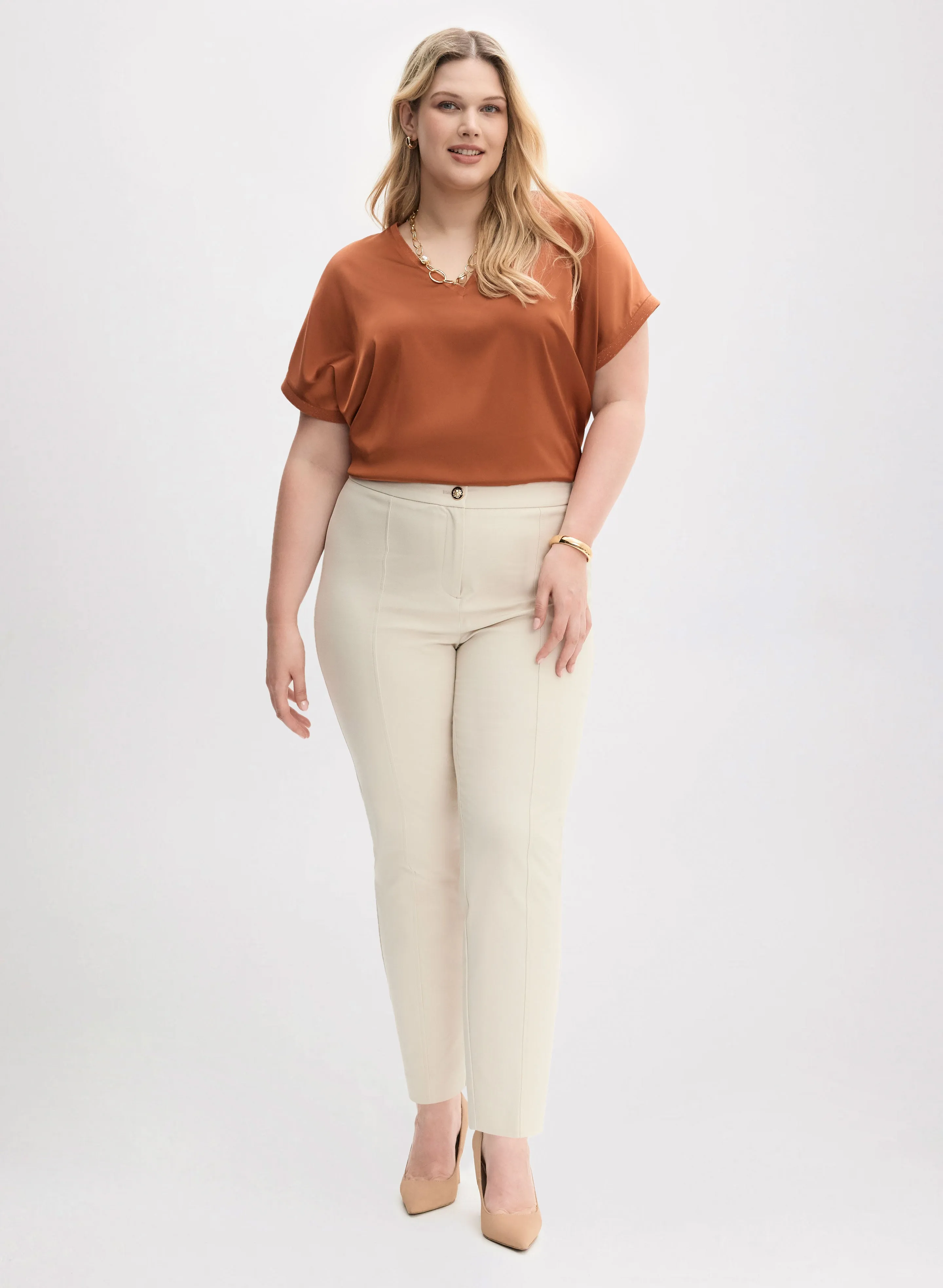 V-Neck Satin Blouse & Slim Leg Pants